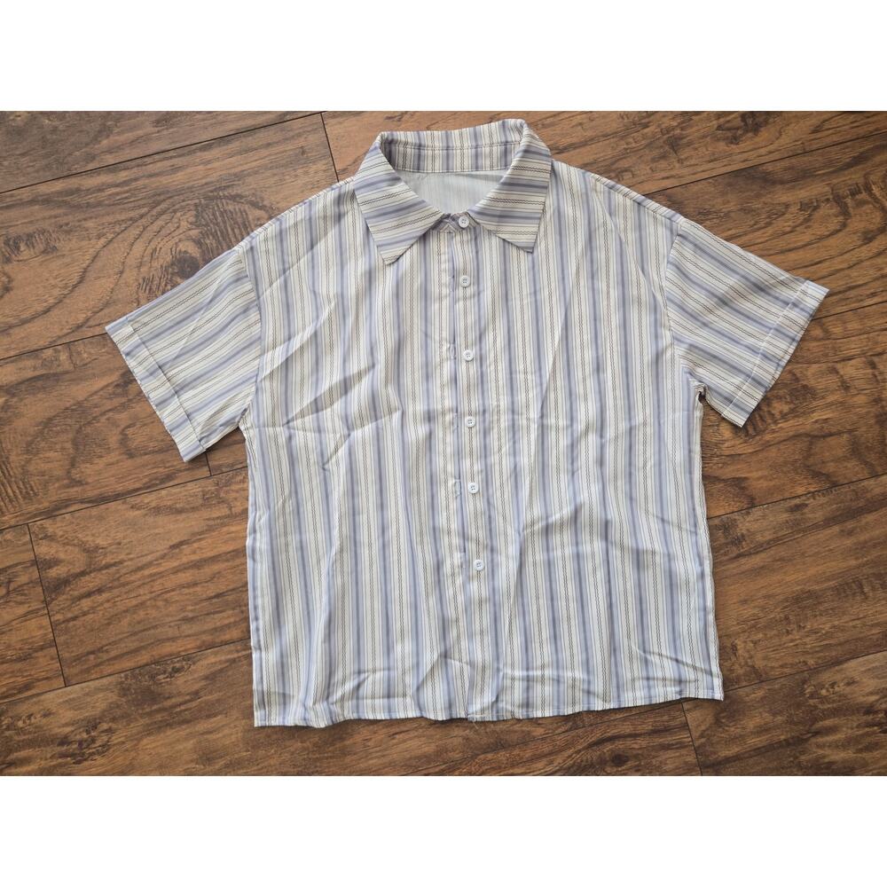 SHEIN Mens Medium Striped Camp Collar Shirt Gray Blue Retro Short Sleeve